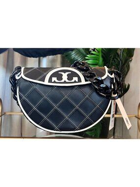 NEW WITH TAGS!  Authentic Tory Burch Black and White 1/2 Moon Fleming Handbag